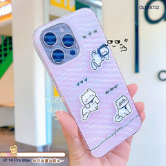 Ốp IP 14 Pro Max sọc hồng charm 3 mèo trắng