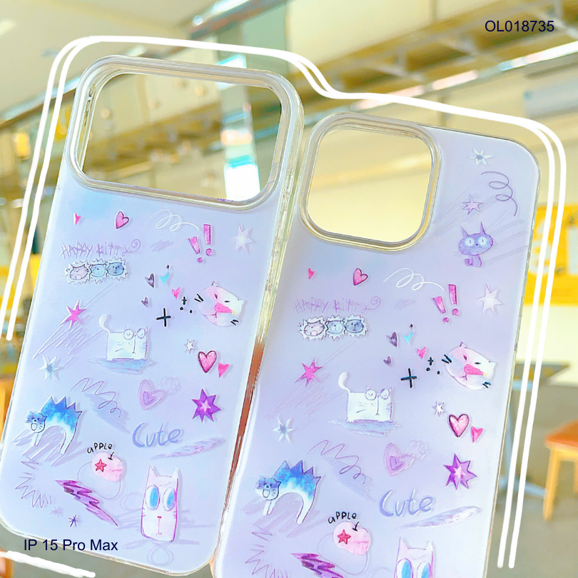 Ốp IP 15 Pro Max mèo vuông graffiti nền tím