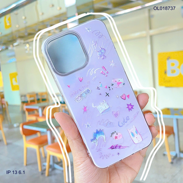 Ốp IP 13 6.1 mèo vuông graffiti nền tím