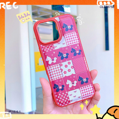 Ốp IP 15 6.1 vân da phồng caro đỏ hình ngựa cute