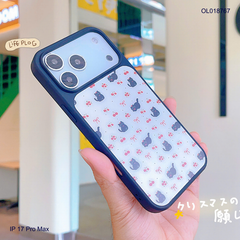 Ốp IP 17 Pro Max mèo đen và cherry nền trắng viền đen