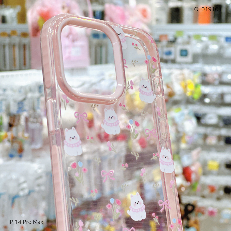 ** Ốp IP 14 Pro Max trong cún Puppy nơ hồng viền hồng