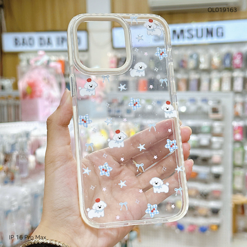 ** Ốp IP 16 Pro Max trong cún Puppy đội táo đỏ viền vàng