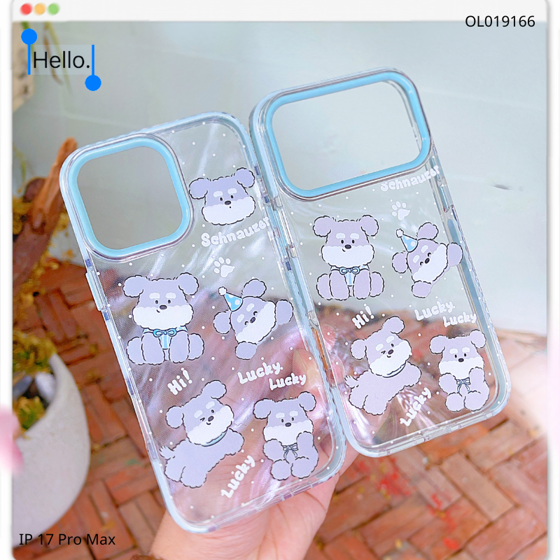 ** Ốp IP 17 Pro Max trong cún xám Schnauzer viền xanh
