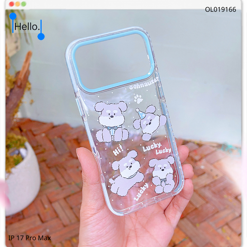 ** Ốp IP 17 Pro Max trong cún xám Schnauzer viền xanh