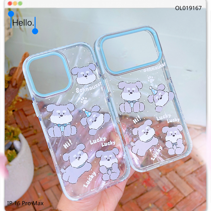 ** Ốp IP 16 Pro Max trong cún xám Schnauzer viền xanh