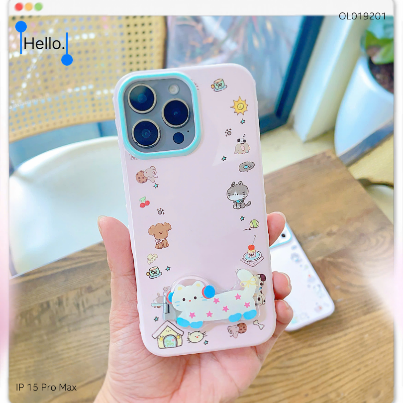 ** Ốp IP 15 Pro Max dẻo hồng nhiều thú cute kèm giá đỡ mèo