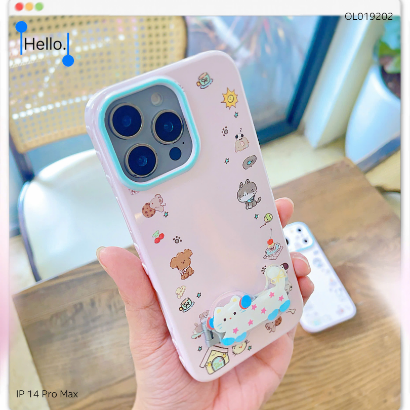** Ốp IP 14 Pro Max dẻo hồng nhiều thú cute kèm giá đỡ mèo