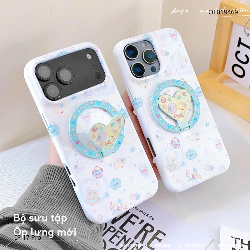 ** Ốp iPhone 17 Pro lưng cứng magsafe họa tiết hoạt hình kèm giá đỡ tim