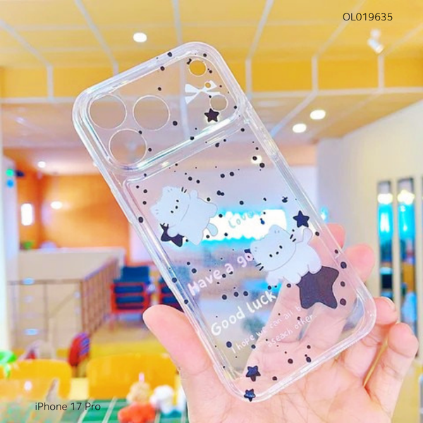 Ốp iPhone 17 Pro dẻo trong in mèo trắng ngôi sao đen