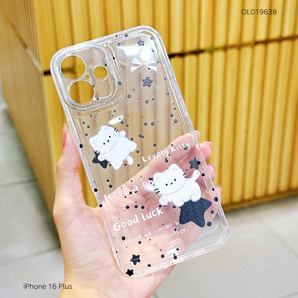Ốp iPhone 16 Plus dẻo trong in mèo trắng ngôi sao đen
