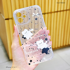 Ốp iPhone 12 6.1 dẻo trong in mèo trắng ngôi sao đen
