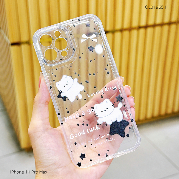 Ốp iPhone 11 Pro Max dẻo trong in mèo trắng ngôi sao đen