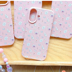Ốp iPhone 17 vân sần cún trắng và mèo vàng nền hồng