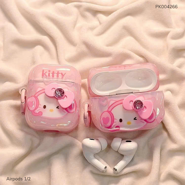 ** Case Airpods 1/2 dẻo mặt Kitty đeo Headphone nơ hồng