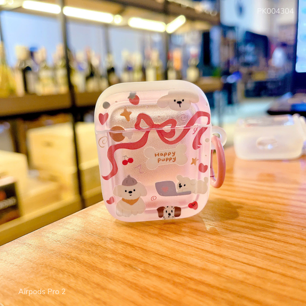 Case Airpods Pro 2 dẻo cún trắng nơ hồng Happy Puppy