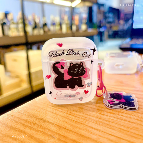 Case Airpods 4 dẻo mèo đen đeo nơ Black Pink Cat