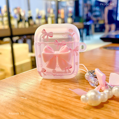 Case Airpods 1/2 dẻo đính nơ hồng dây ngọc trai