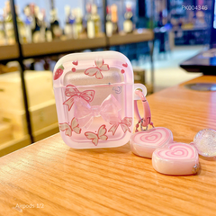 Case Airpods 1/2 dẻo đính nơ hồng dây chuỗi tim
