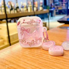 Case Airpods 3 dẻo đính nơ hồng dây chuỗi tim