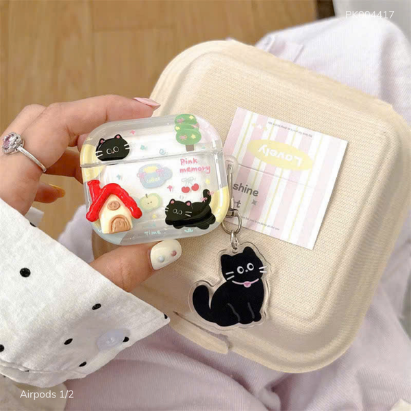 Case Airpods 1/2 dẻo đính ngôi nhà mèo đen Pink Memory