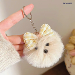 ** Móc khóa cục bông cún đeo nơ lông dài