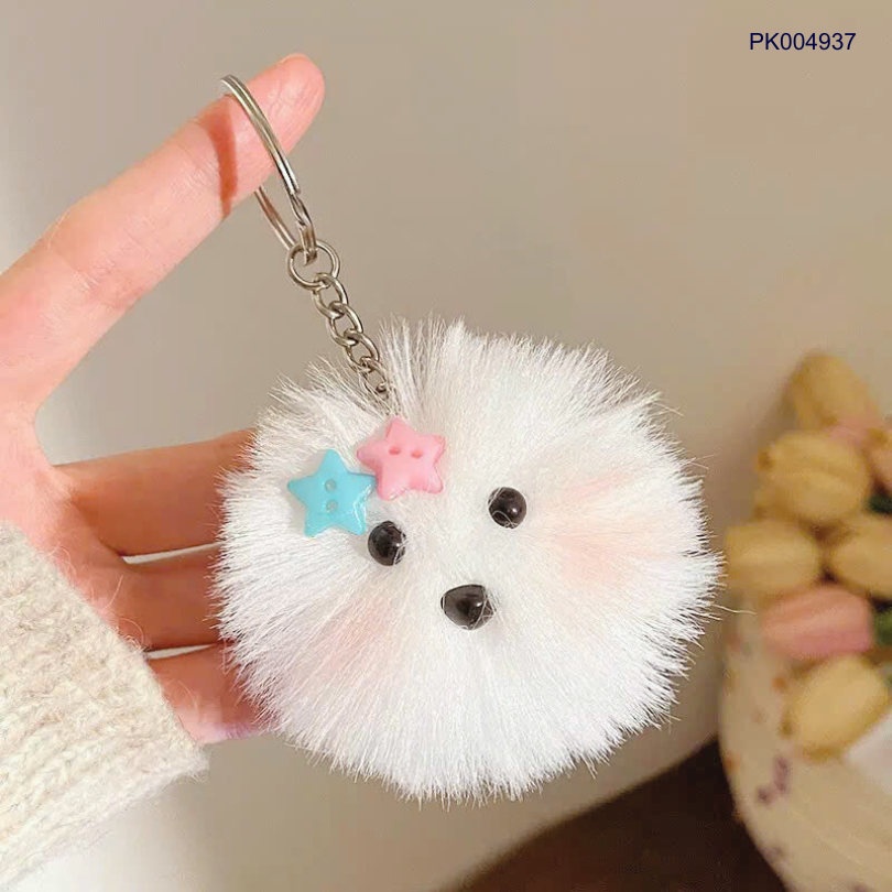 ** Móc khóa cục bông cún đeo nơ lông dài