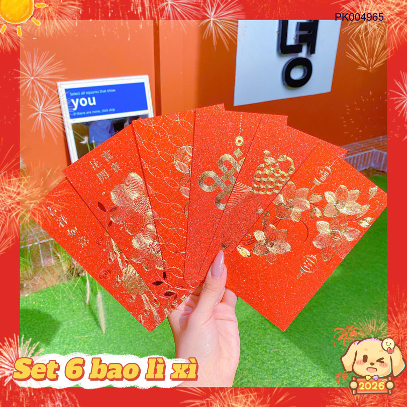 ** Set 6 bao lì xì nhũ kim tuyến vàng