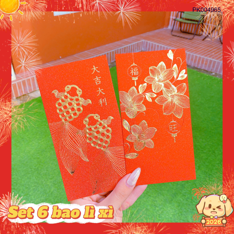 ** Set 6 bao lì xì nhũ kim tuyến vàng