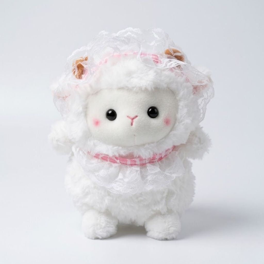 ** GẤU BÔNG CỪU TRẮNG ĐỘI BĂNG ĐÔ HỒNG VIỀN REN SIZE 25CM