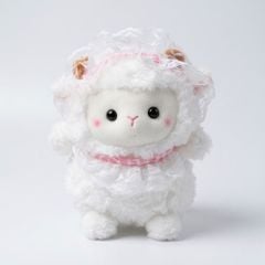 ** GẤU BÔNG CỪU TRẮNG ĐỘI BĂNG ĐÔ HỒNG VIỀN REN SIZE 25CM