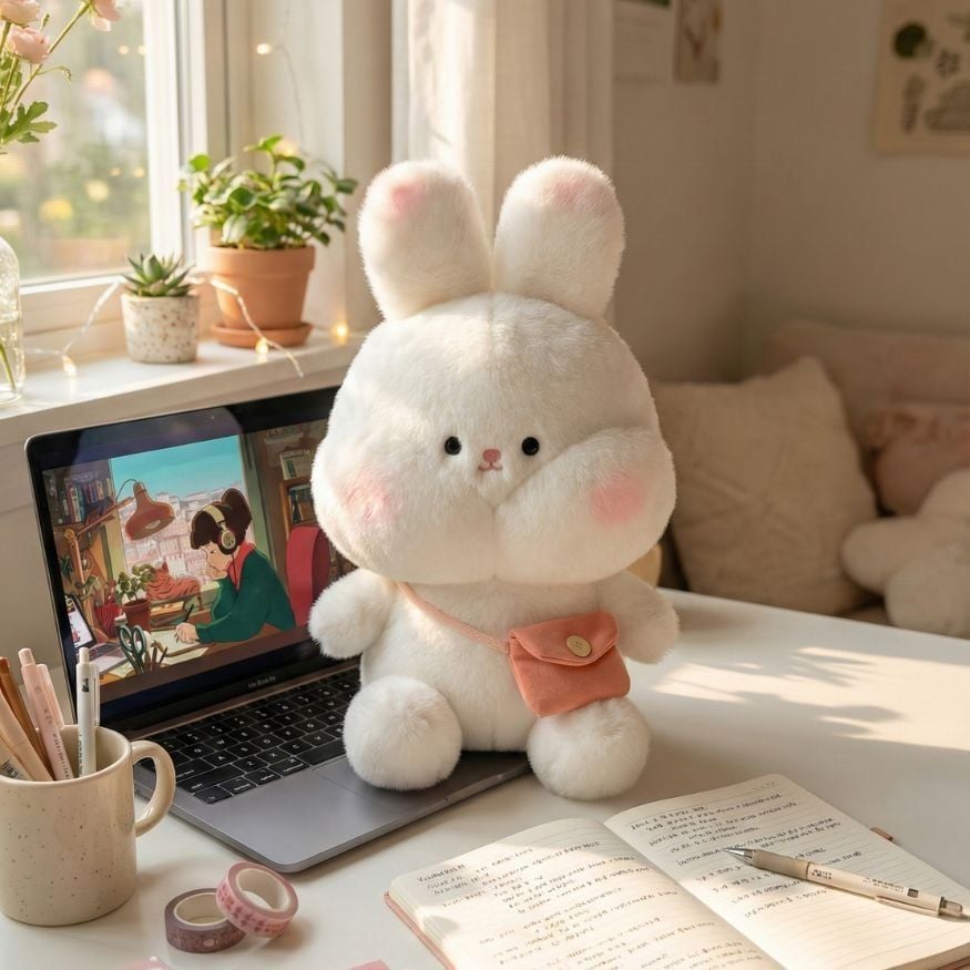 ** GẤU BÔNG THỎ MẶT Ú TRẮNG/NÂU ĐEO TÚI SIZE 25CM