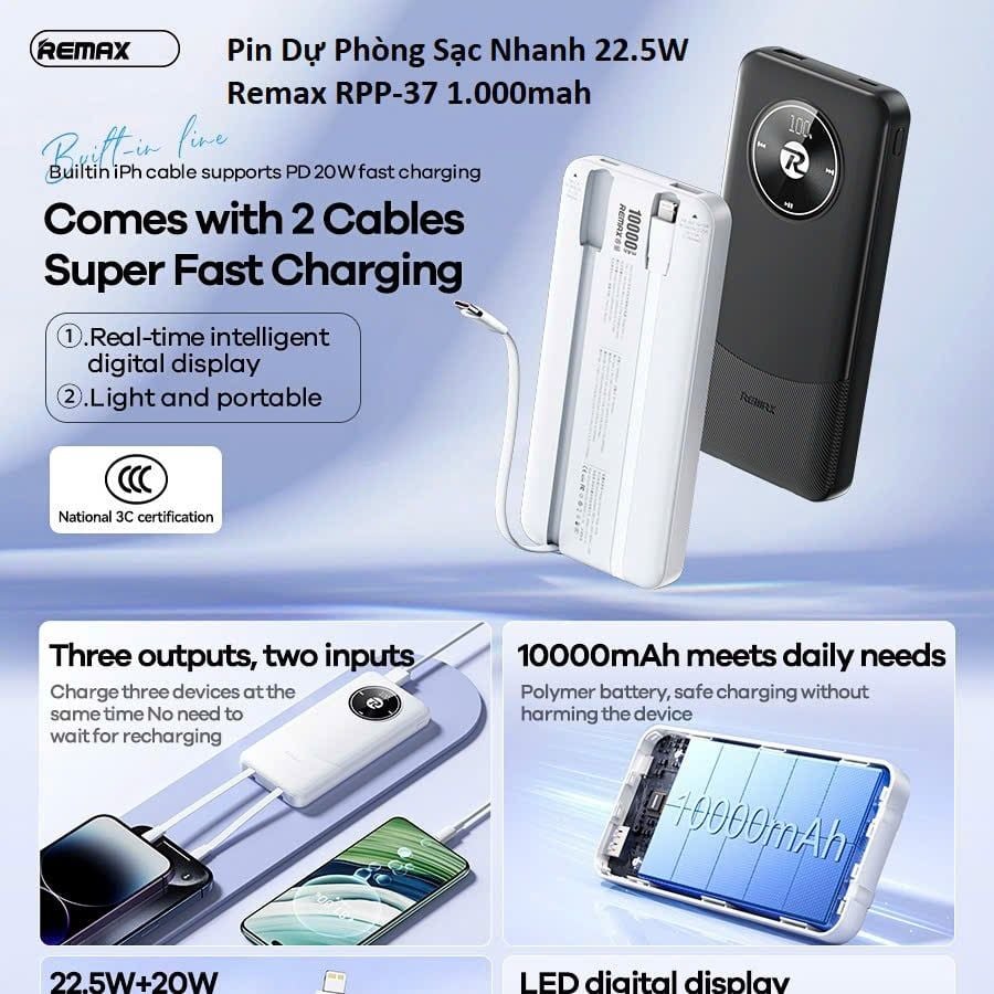 PDP Remax RPP37 10.000mAh 22.5W kèm cáp