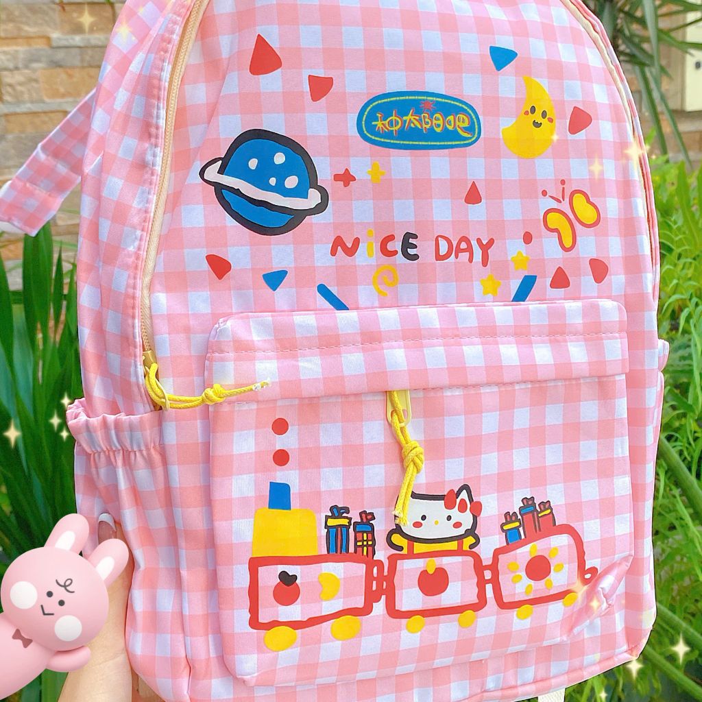 ** Balo Kitty sọc caro hồng trắng Nice Day