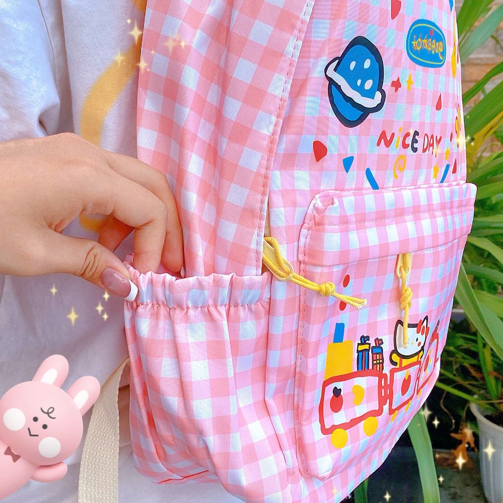 ** Balo Kitty sọc caro hồng trắng Nice Day