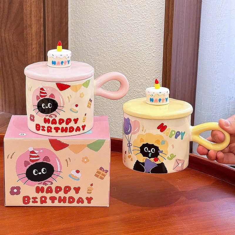 ** Ly sứ mèo đen Happy Birthday vàng/hồng/đỏ 380ml