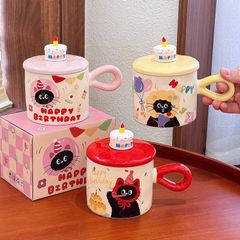 ** Ly sứ mèo đen Happy Birthday vàng/hồng/đỏ 380ml