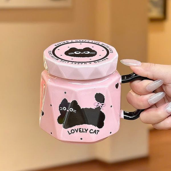 ** Ly sứ mèo đen Lovely Cat tone hồng tay cầm 480ml