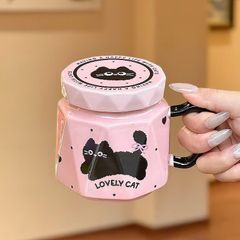 ** Ly sứ mèo đen Lovely Cat tone hồng tay cầm 480ml