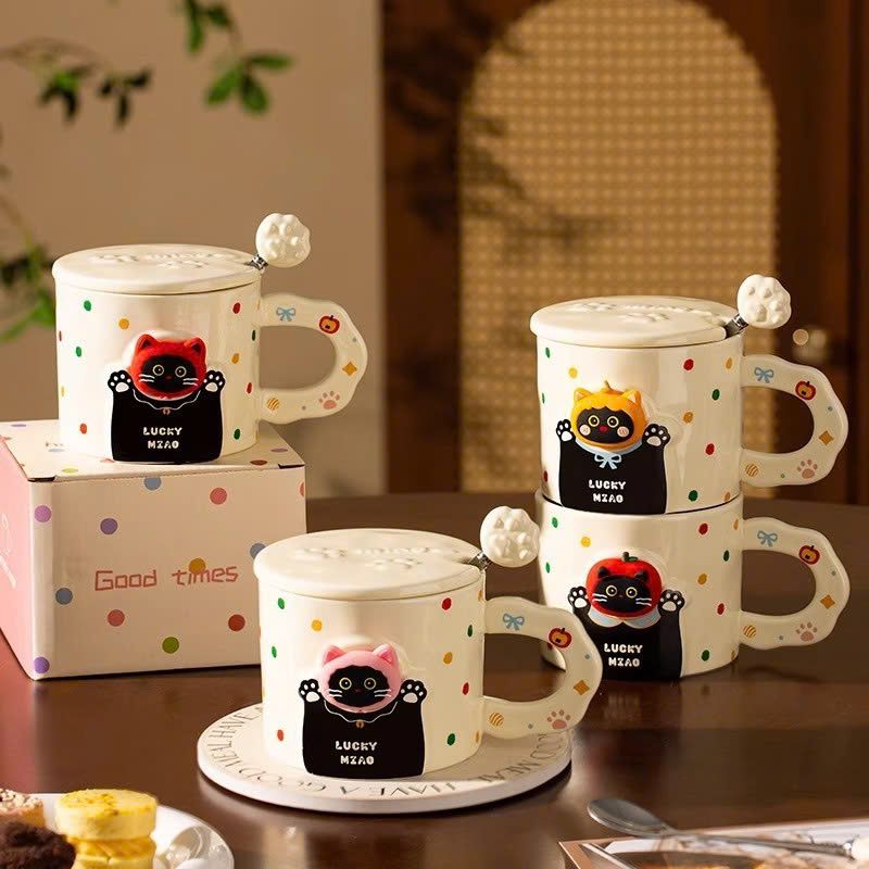 ** Ly sứ mèo đen nón đỏ Lucky Mzao tay cầm/muỗng 380ml