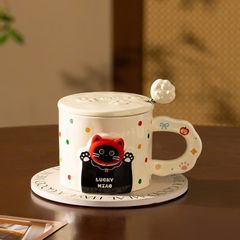 ** Ly sứ mèo đen nón đỏ Lucky Mzao tay cầm/muỗng 380ml