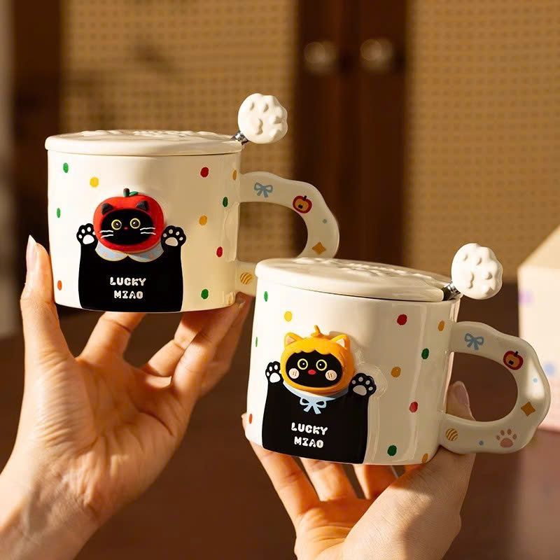 ** Ly sứ mèo đen nón đỏ Lucky Mzao tay cầm/muỗng 380ml