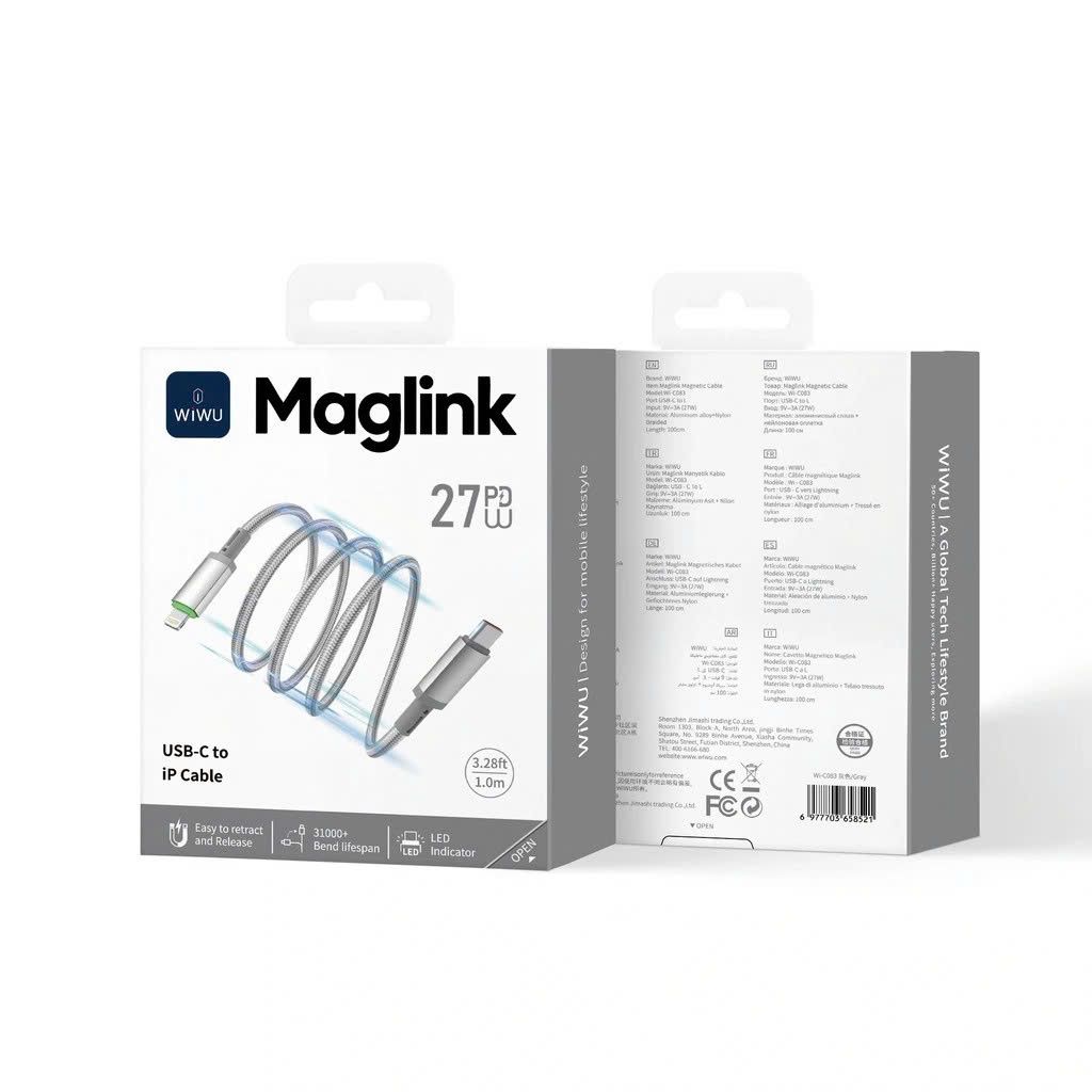 Cáp Type C to Lightning Wiwu Maglink C085 27W từ tính tự cuộn 1m