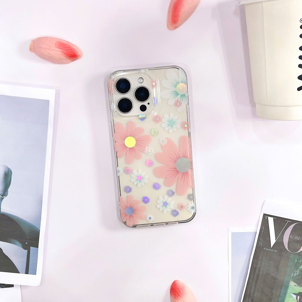 Ốp IP 15 Pro Max lưng trong cứng nhiều hoa nhí nhiều màu