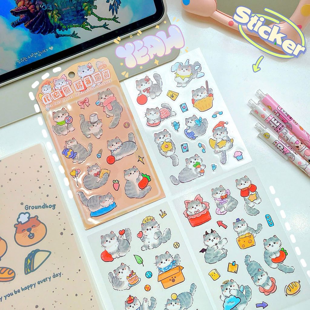 ** Set sticker mèo đen/mèo trắng đáng yêu