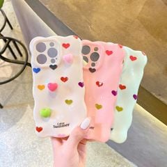 Ốp IP 15 Pro Max vân gồ ghề trái tim Color Summer kèm sticker tim