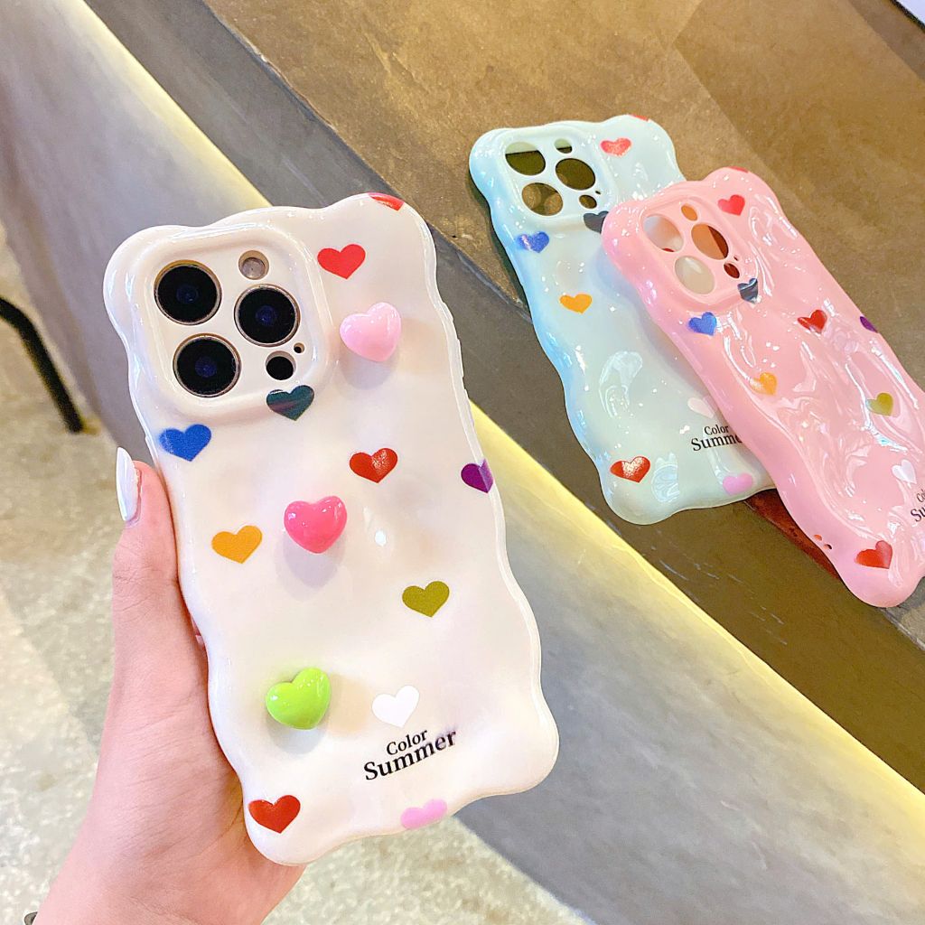Ốp IP 15 Pro Max vân gồ ghề trái tim Color Summer kèm sticker tim