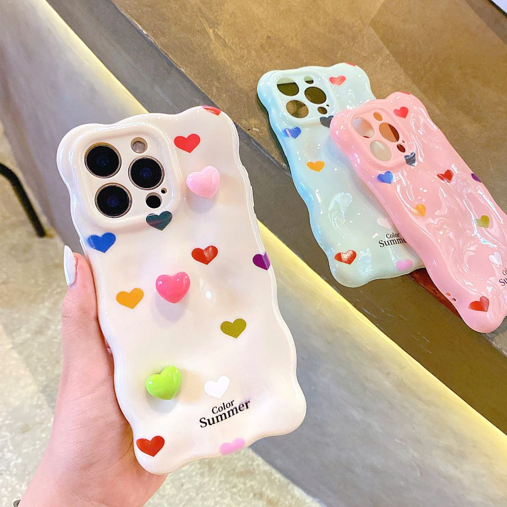 Ốp IP 14 Pro Max vân gồ ghề trái tim Color Summer kèm sticker tim