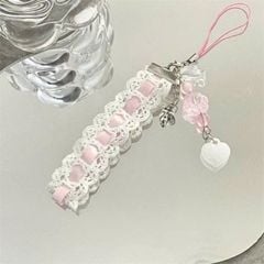 ** Dây đeo điện thoại tim gấu ruy băng hồng ren trắng