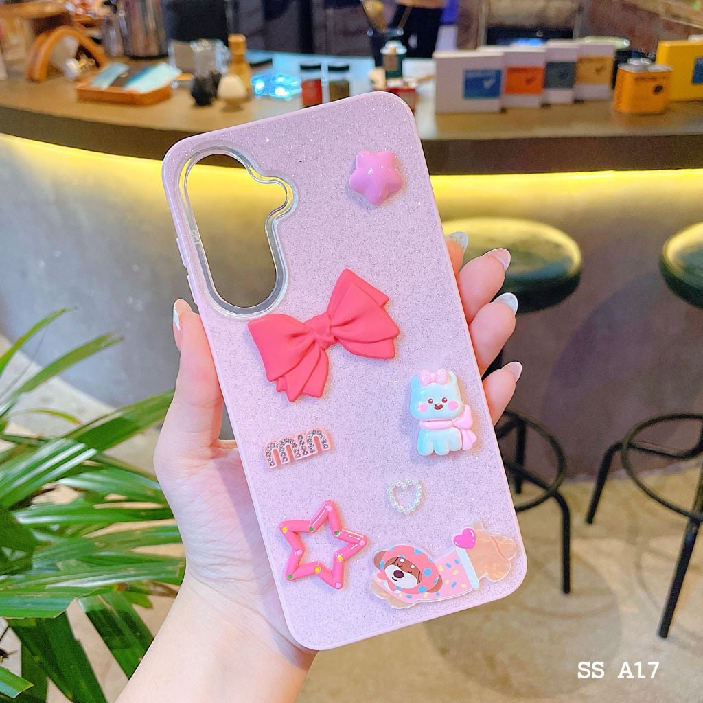 Ốp SS A17 lưng nhũ kim tuyến sticker nổi cún nơ hồng